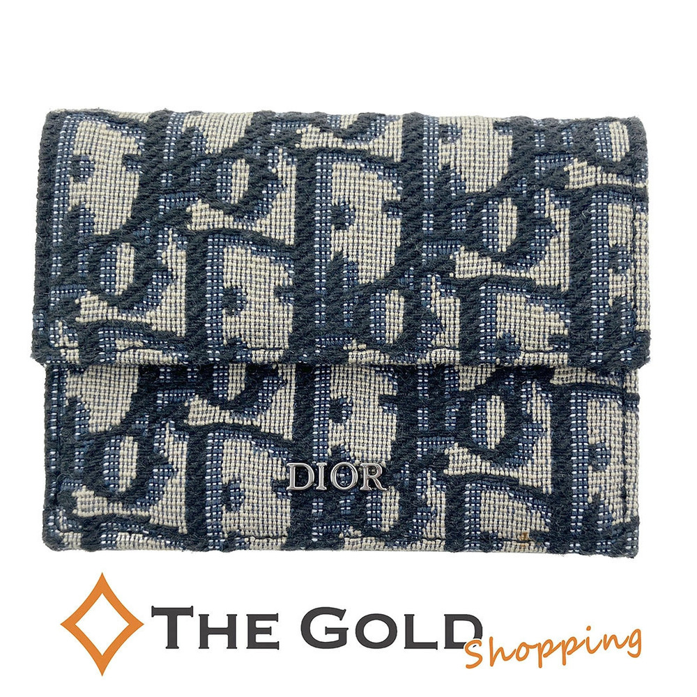 Christian Dior Oblique Compact Wallet Jacquard Canvas Leather Trifold Black